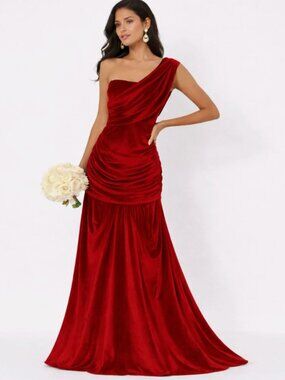 Size 10 Red Velvet One Shoulder Mermaid Gown Ruched Formal Dress